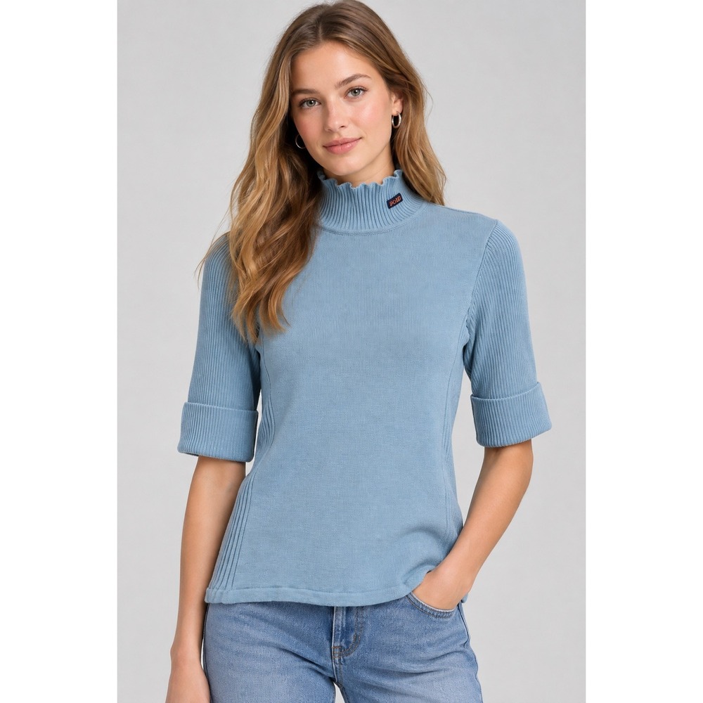 Polo Jeans Co Ralph Lauren Blue Ribbed Mock Neck Short Sleeve Cotton Sweater M